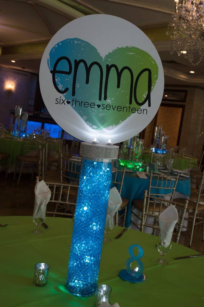 LED Centerpiece with Aqua Gems and Blowup Logo