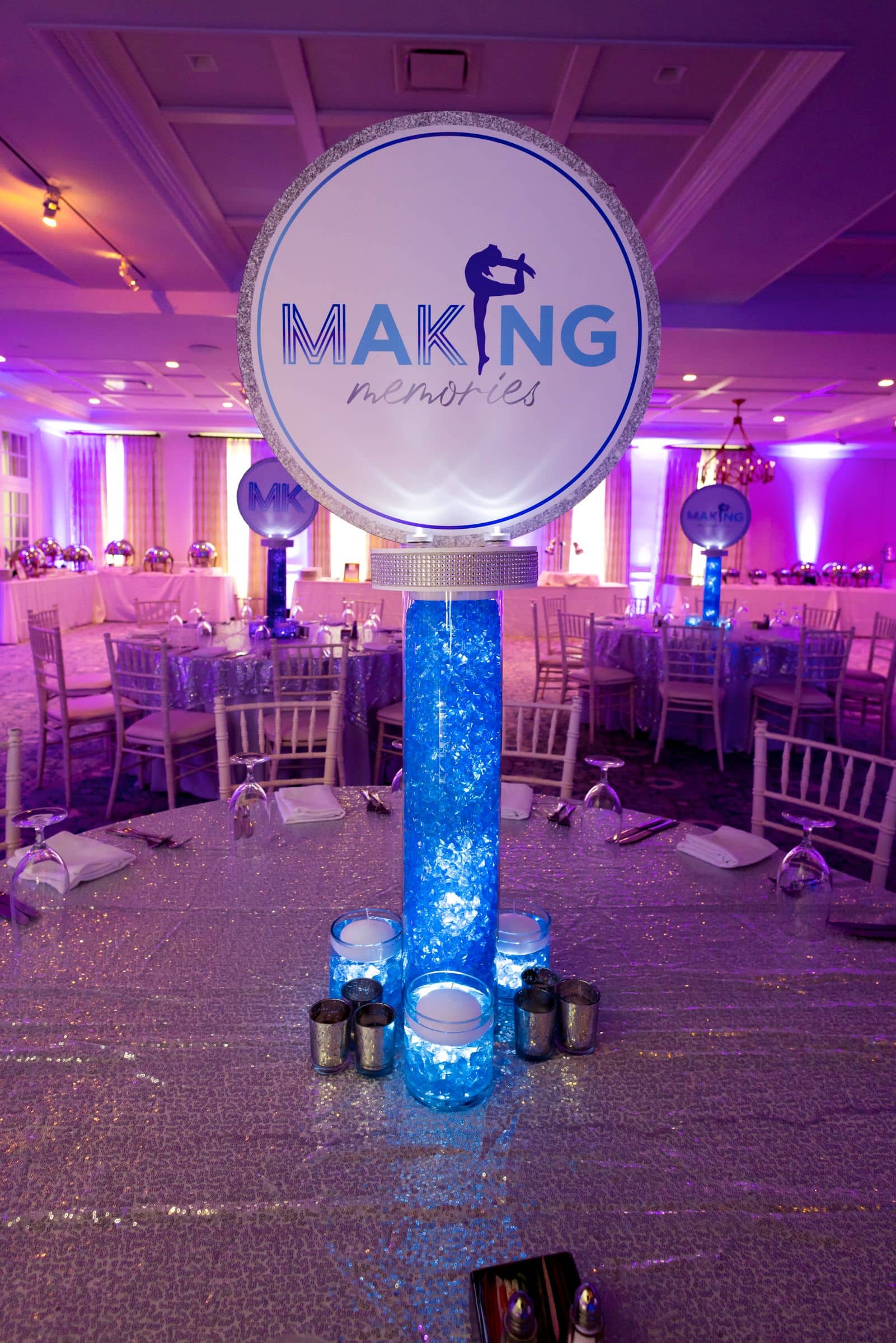 Dance Themed Centerpieces with Custom Logo Topper and Blue Aqua Gems