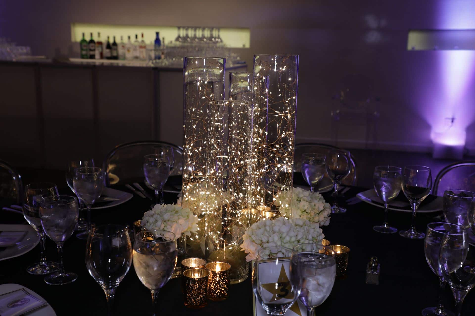 Fairy Lights Centerpiece with Hydrangeas and Votives at Loading Dock, Stamford