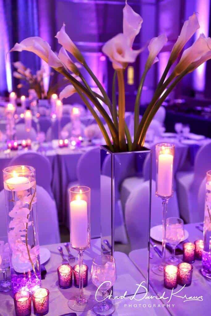 LED Floral Centerpieces with Mirrored Cylinders, Pillar Candles and Votives