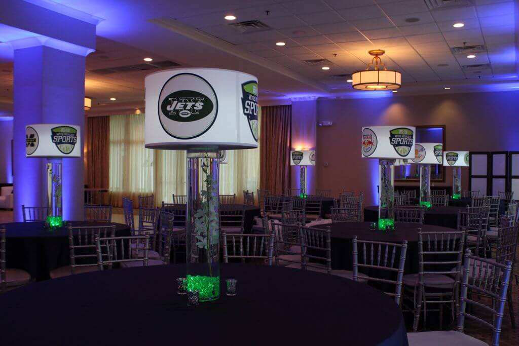 ESPN Lampshade Centerpieces with Team Logos, Orchids and LED Lighting