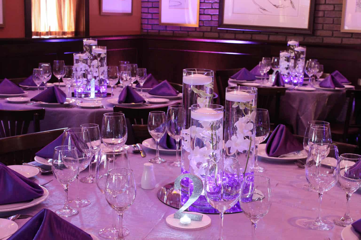 Vases with Lavender Crystal Chips, LED Lighting and White Orchids