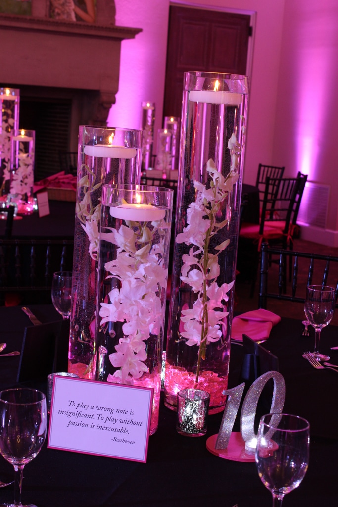 LED Orchid Centerpiece with Pink Chips, Lights and Custom Table Signs