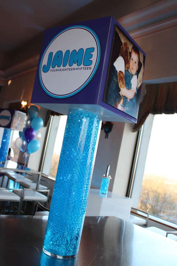 Custom Photo Cube with Logos and Photos on LED Cylinder with Blue Aqua Gems and Lights