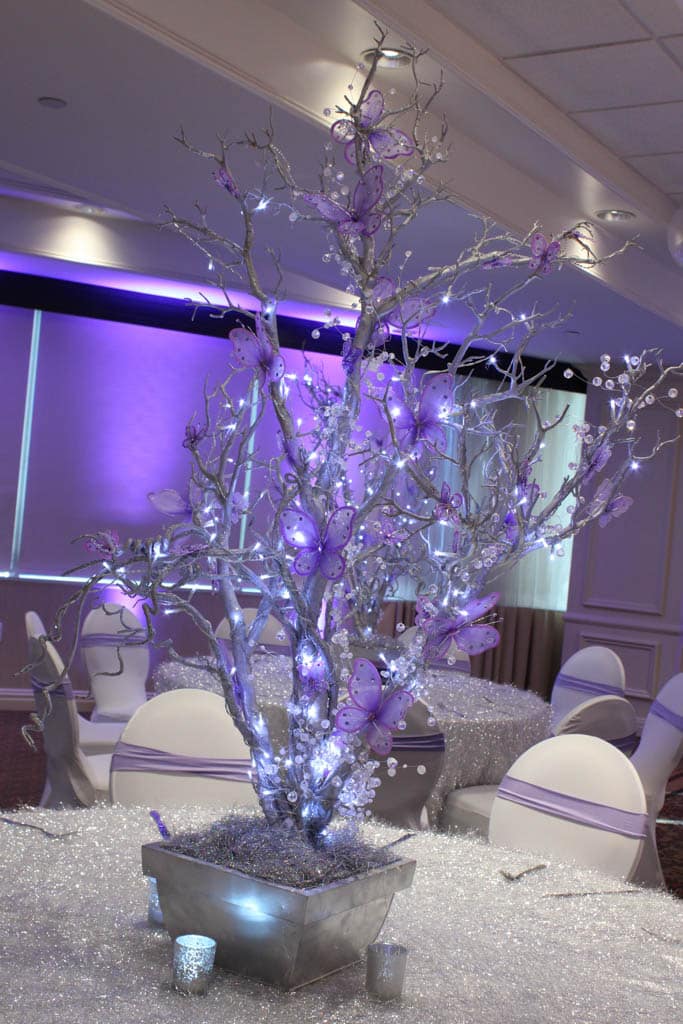 LED Wrapped Silver Tree Centerpiece with Lavender Butterflies and Crystals