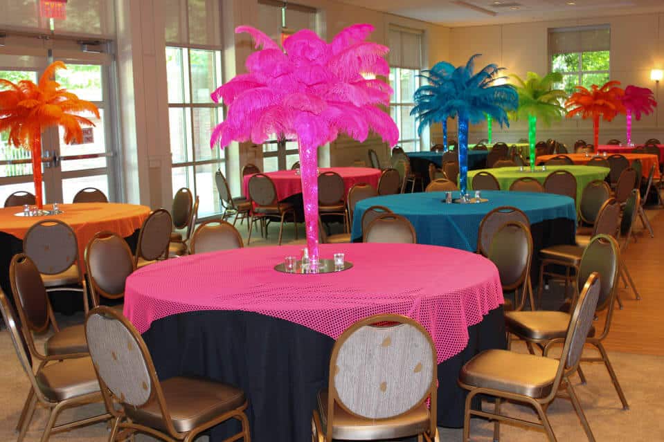 Neon Feather Centerpieces with Vases and Gems