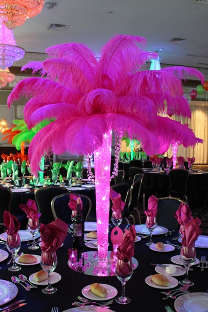 Pink Hollywood Feather Centerpiece with LED Lights and Hanging Crystals