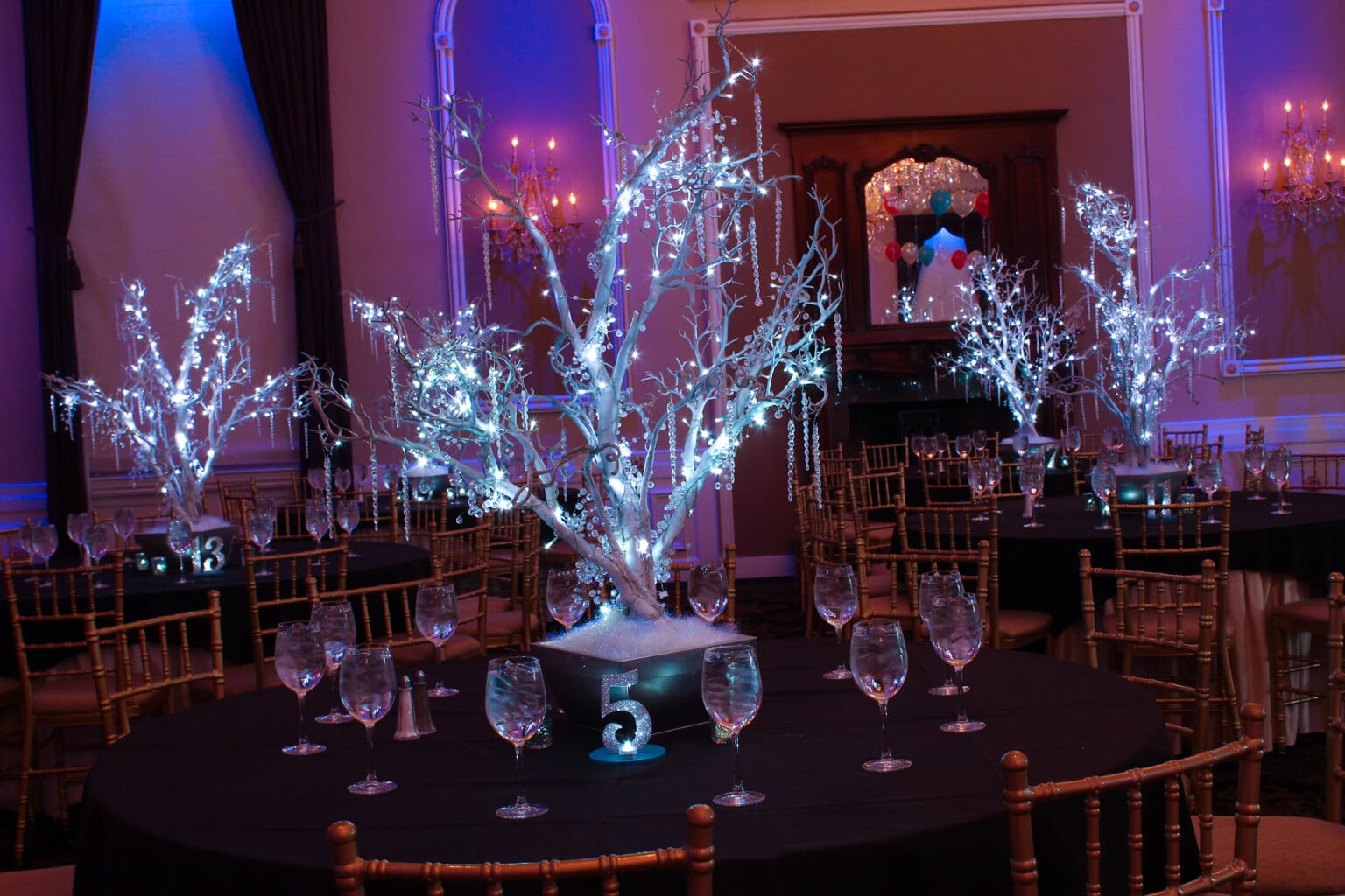 LED Winter Trees with Crystals and Icicles for Fire and Ice Themed B'not Mitzvah at Florentine Gardens