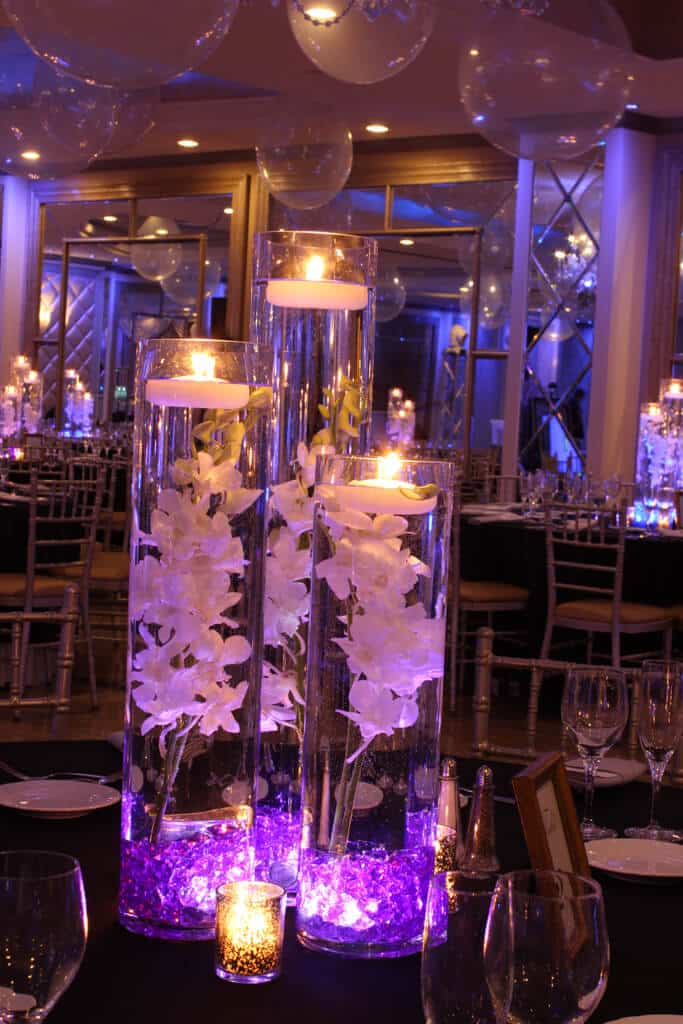 LED Orchid Centerpiece with Purple Crystal Chips and Floating Candles