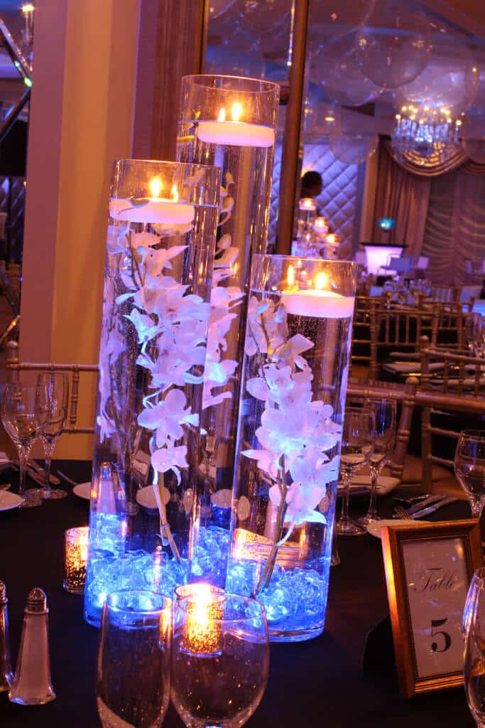 LED Orchid Centerpiece with Blue Crystal Chips and Floating Candles