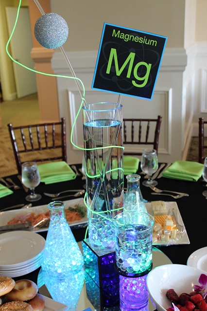 Science Lab Themed Centerpieces with LED Test Tubes and Custom Table Signs