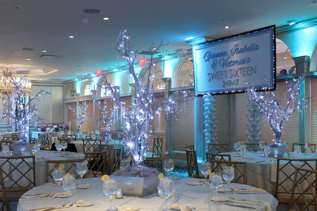 Winter Themed Sweet Sixteen with LED Tree Centerpieces and Custom Backdrop
