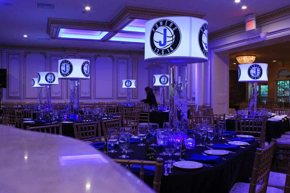 Custom Logo Lampshade Centerpiece with Orchids and Floating Candles