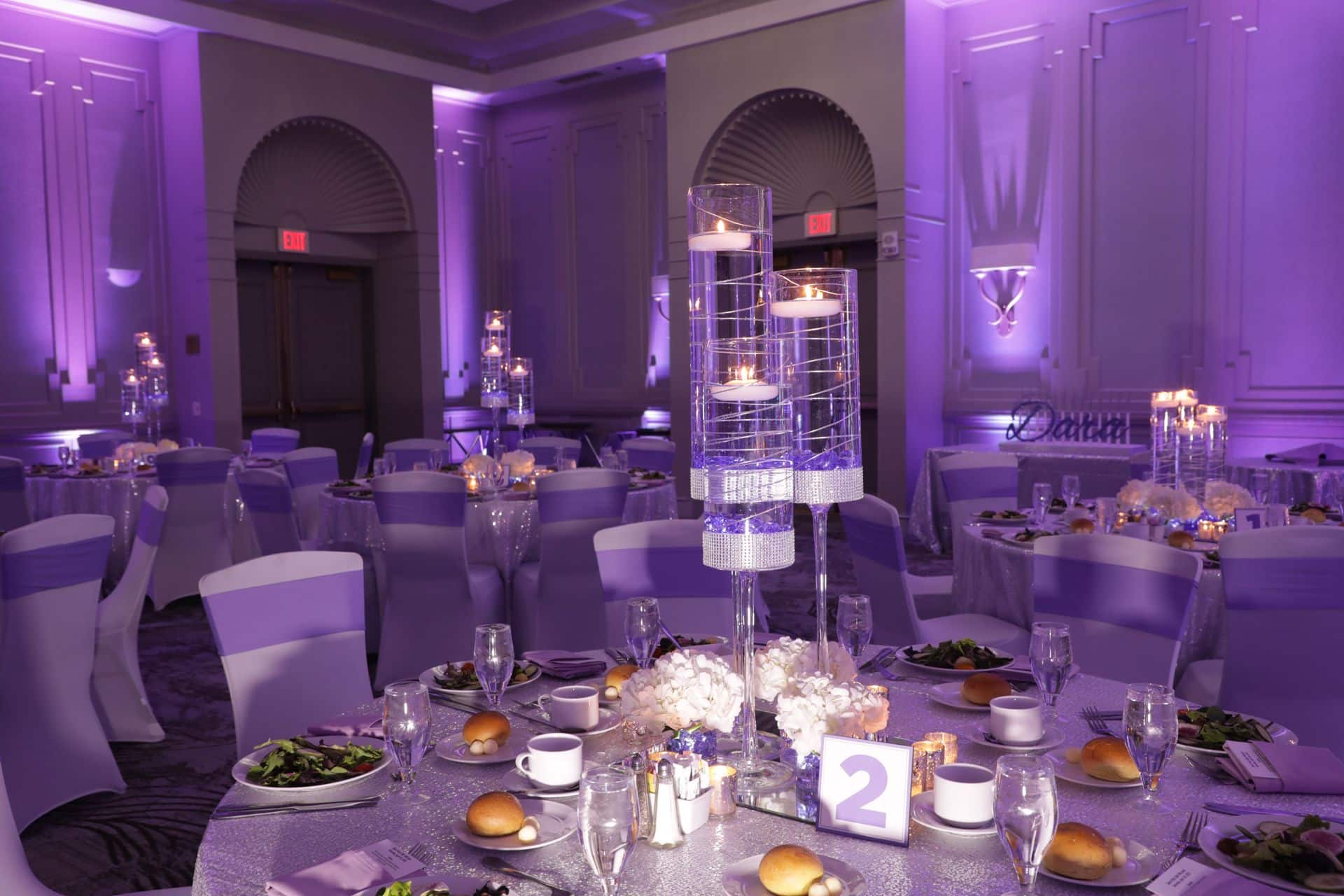 LED Floral Wire Centerpiece with Lavender Chips and Floating Candles at Park Ridge Marriott