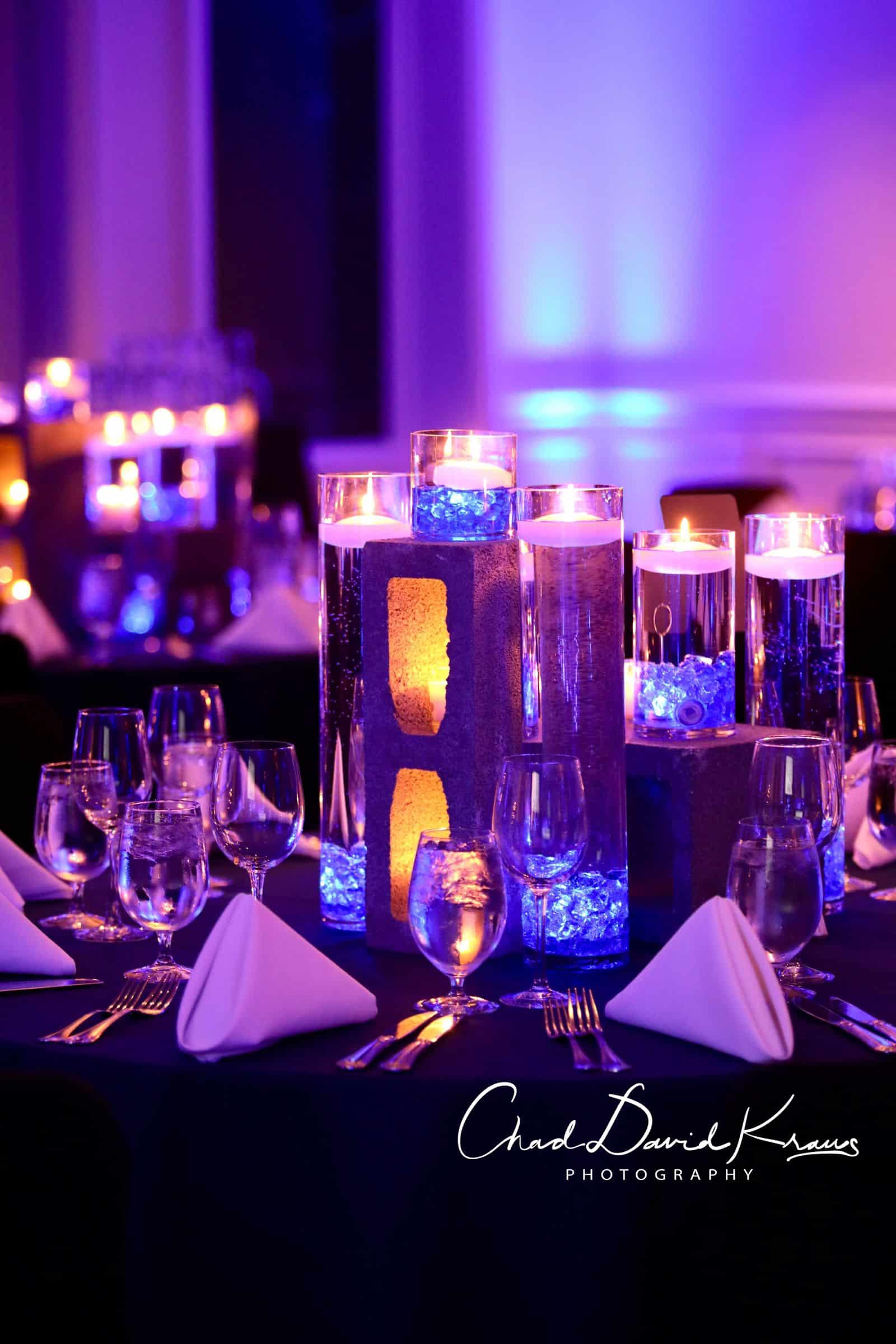 LED Cinder Block Centerpieces with Blue Chips, Floaters and Votives