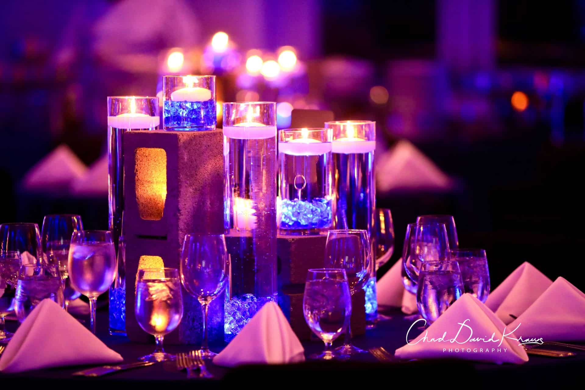 LED Cinder Block Centerpieces with Blue Chips, Floaters and Votives