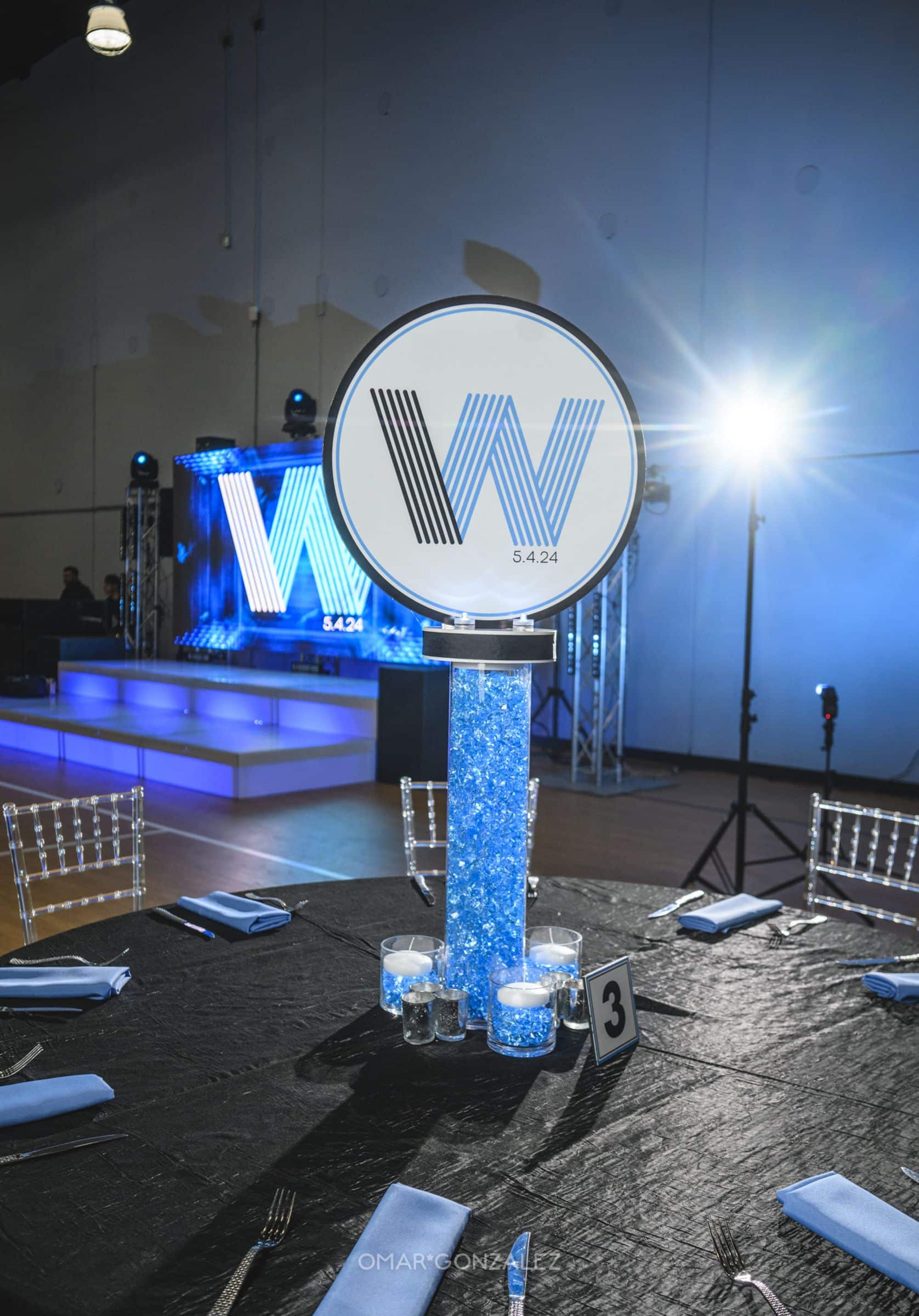 LED Logo Centerpiece with Custom Logo Toper & Pale Blue Chips