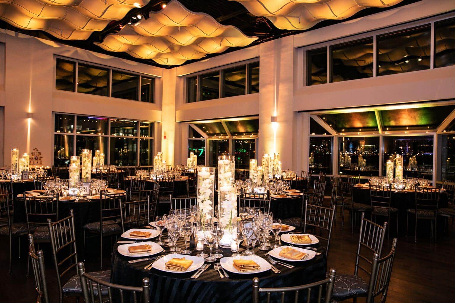 LED Orchid Centerpieces with Clear Chips, White Orchids and Gold Votives