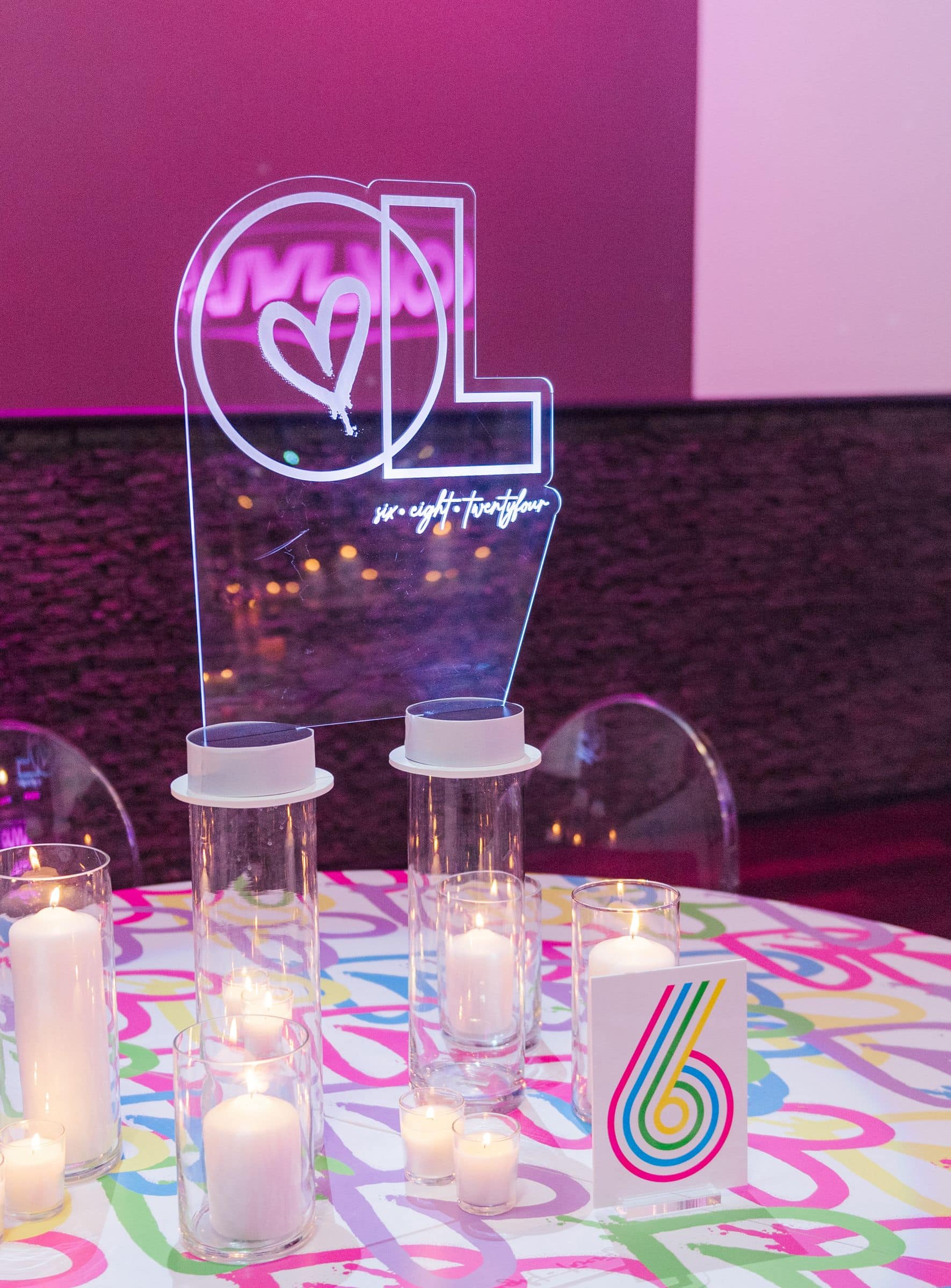 Neon Centerpiece on Cylinders for Bat Mitzvah
