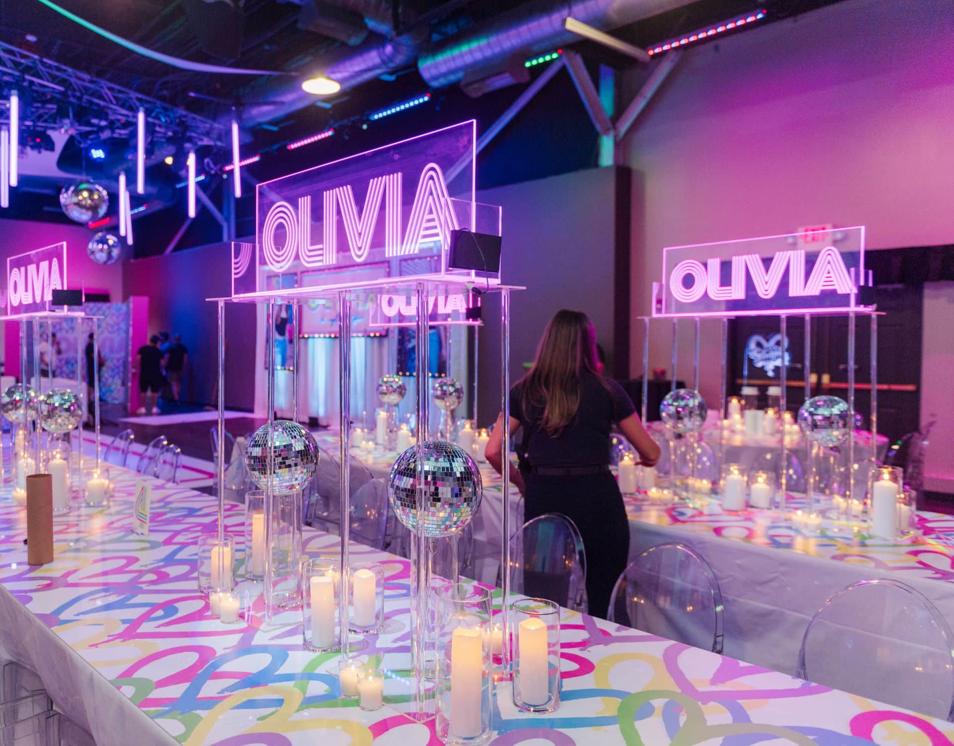 Neon Disco Ball Centerpiece wit Neon Signs and Disco Balls