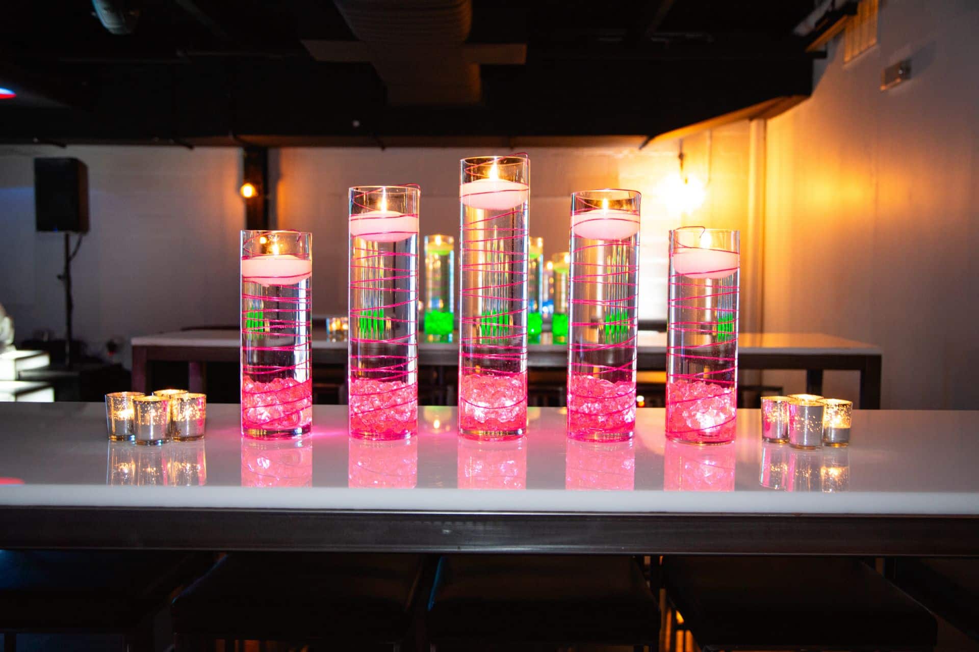 Pink Neon Wire Centerpiece with Pink Chips and Silver Votives