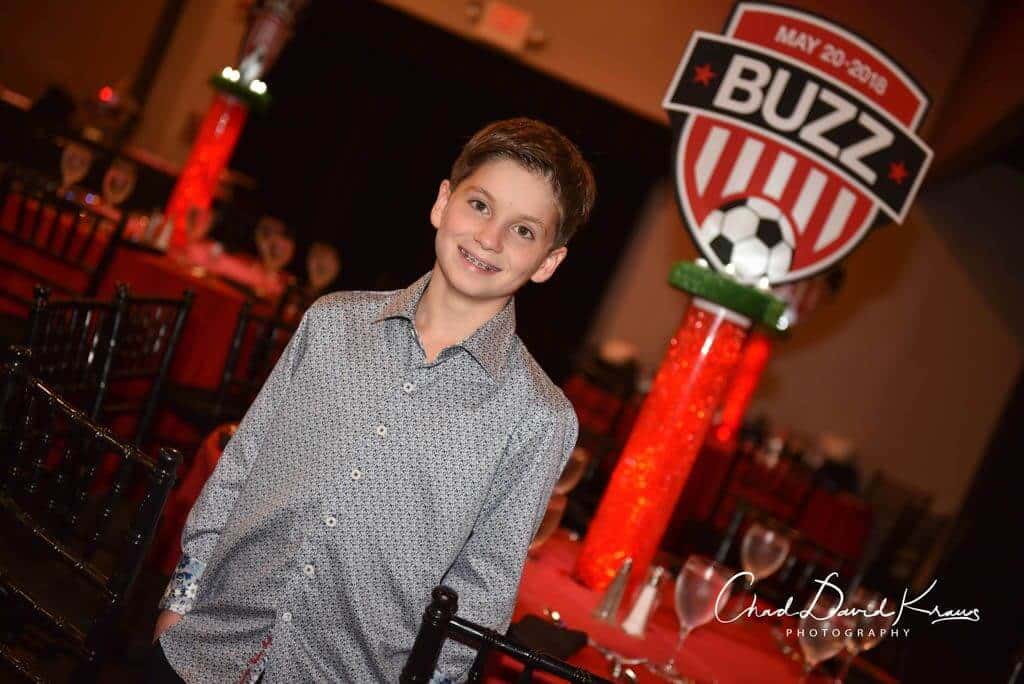 Soccer Themed Bar Mitzvah Centerpiece with Custom Logo and Red Gems