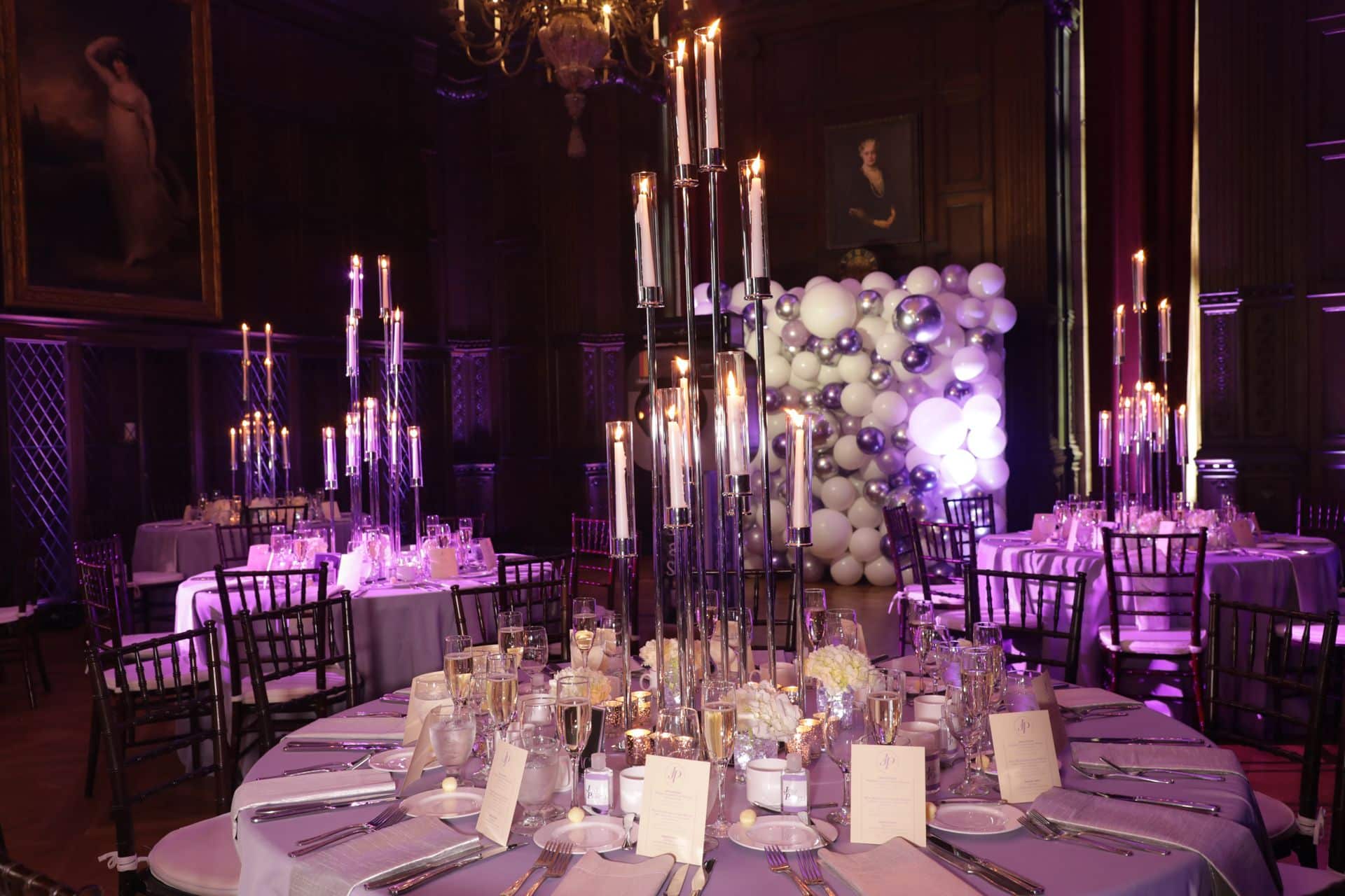 Candelabra Centerpiece with Floral Accents and Votives at Reid Castle