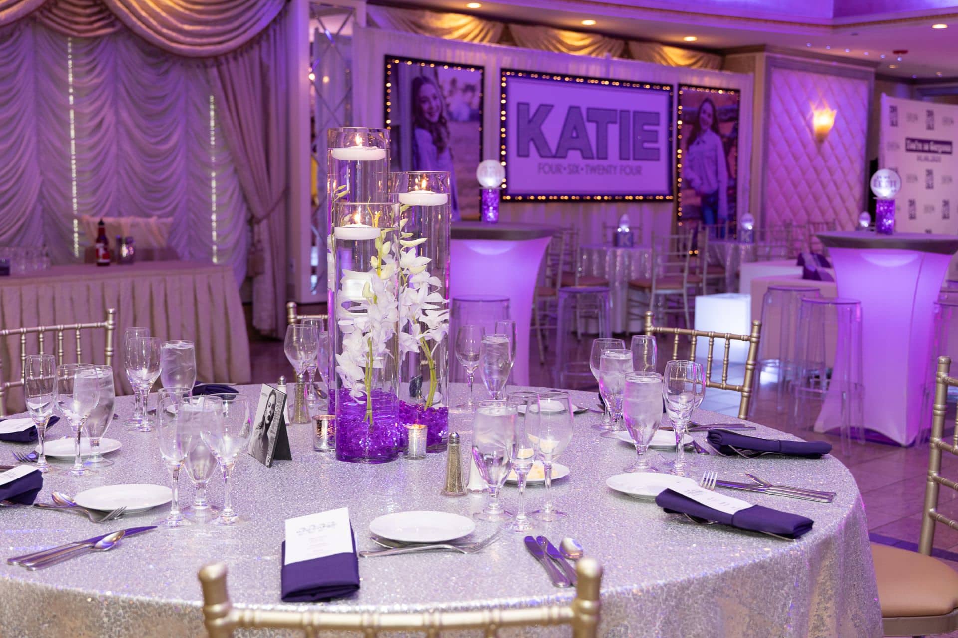 Taylor Swift Floral Centerpiece with Orchids and Purple Chips