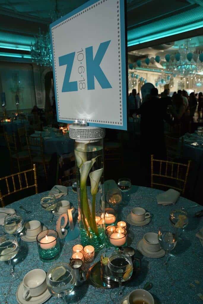 Bat Mitzvah Logo Centerpieces with LED Cylinders and Calla Lilies