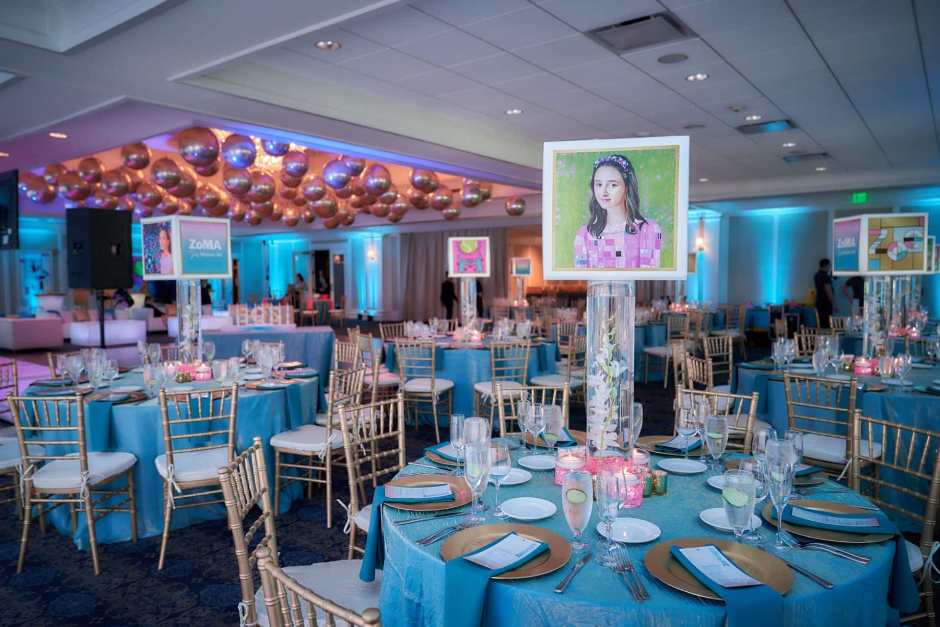 Art Theme Lampshade Centerpieces and Gold Orbz Ceiling Treatment at Country House at Bluestone