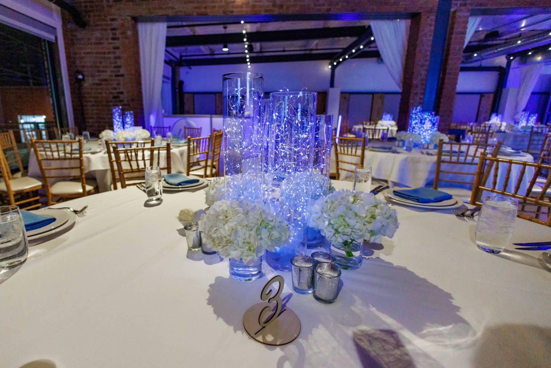 Blue Fairy Light Centerpiece with Hydrangea Accents