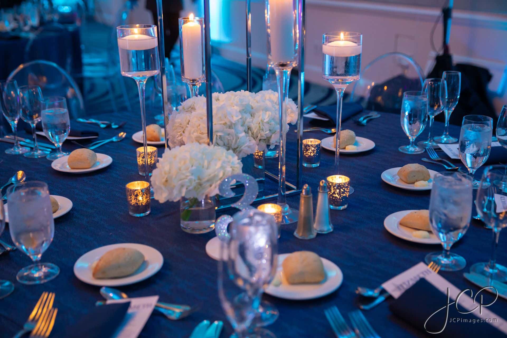 Candle Flower Centerpiece with Hydrangeas and Pillar Candles