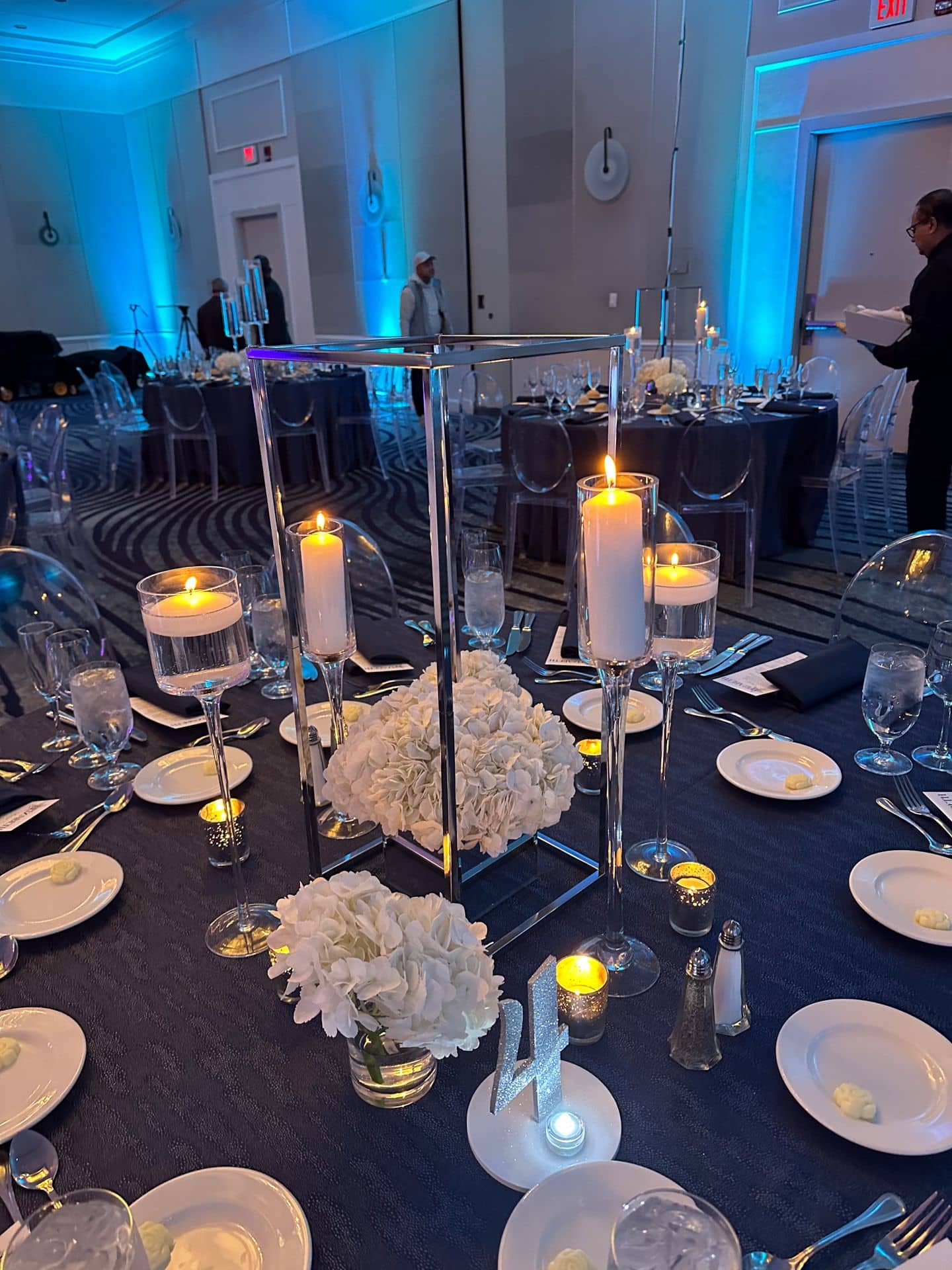 Floral Hydrangea Centerpiece with Floating and Pillar Candles