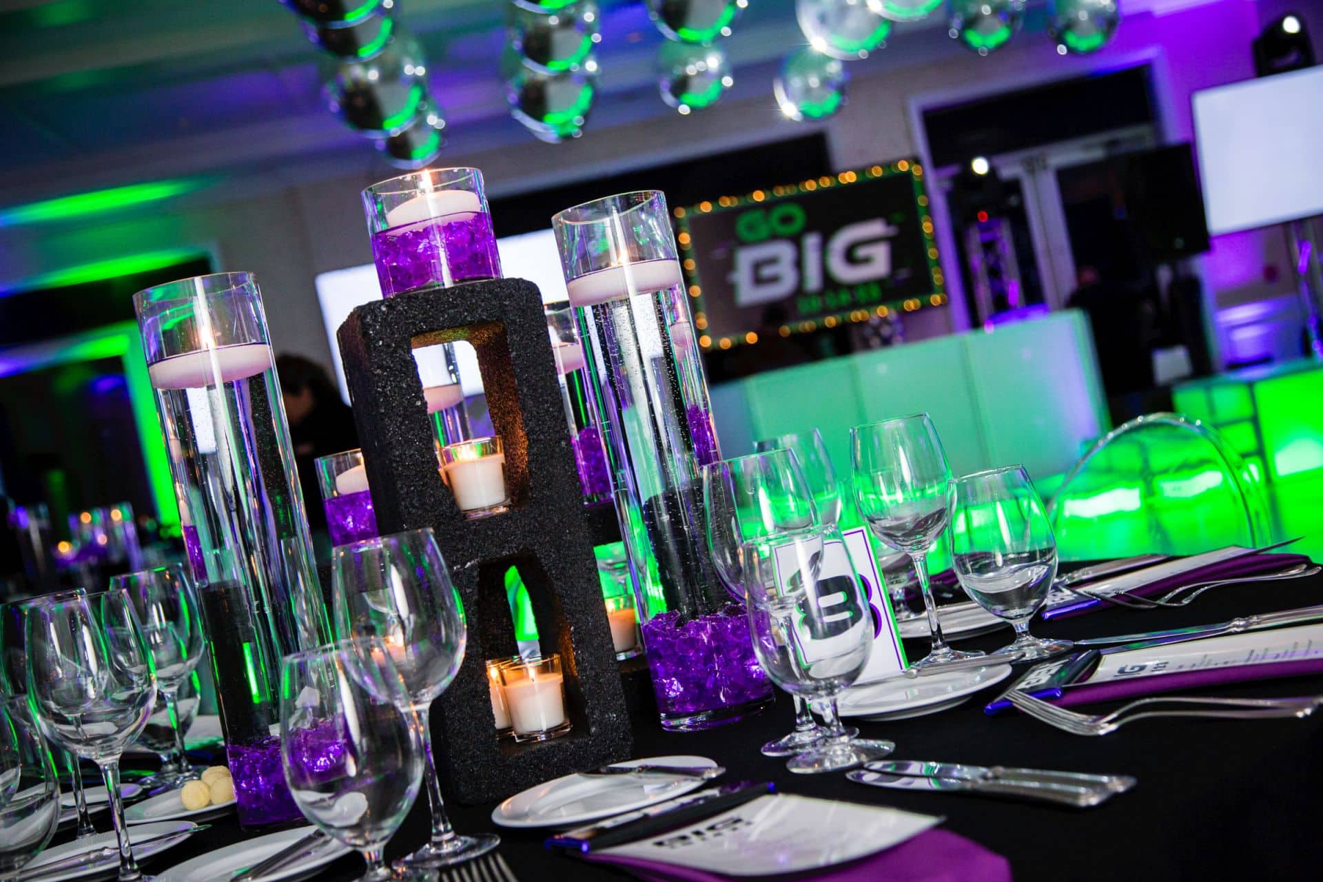 LED Cinder Block Centerpiece with Floating Candles for Neon Themed Bar Mitzvah