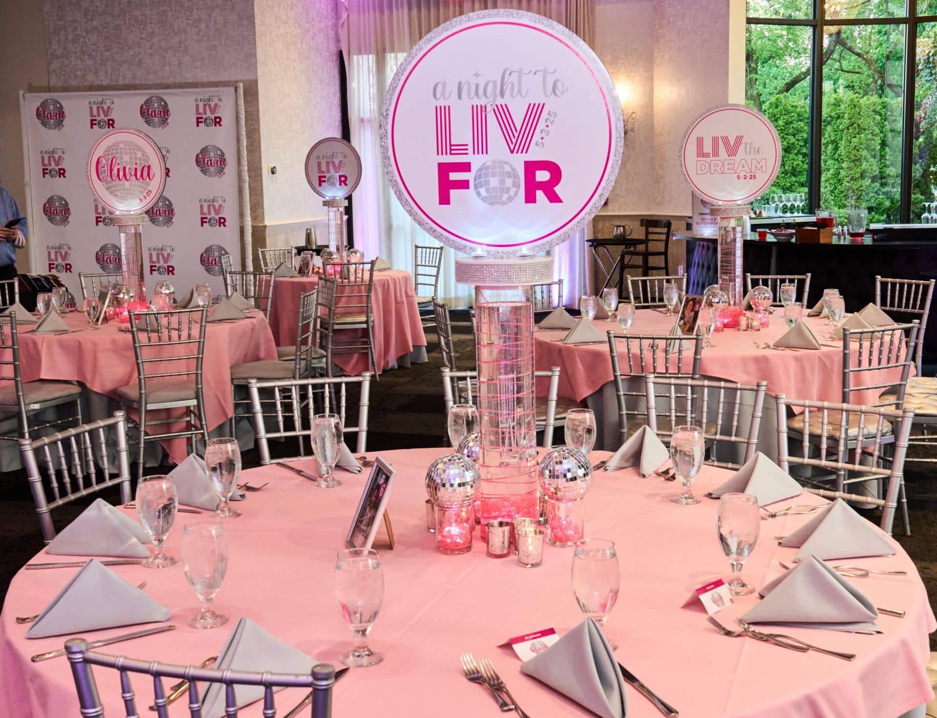 Disco Theme Wire Centerpiece with Logo and Disco Balls