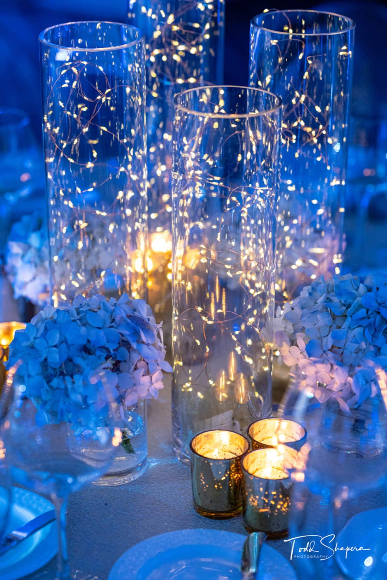 Fairy Light Centerpiece with Hydrangeas and Gold Votives