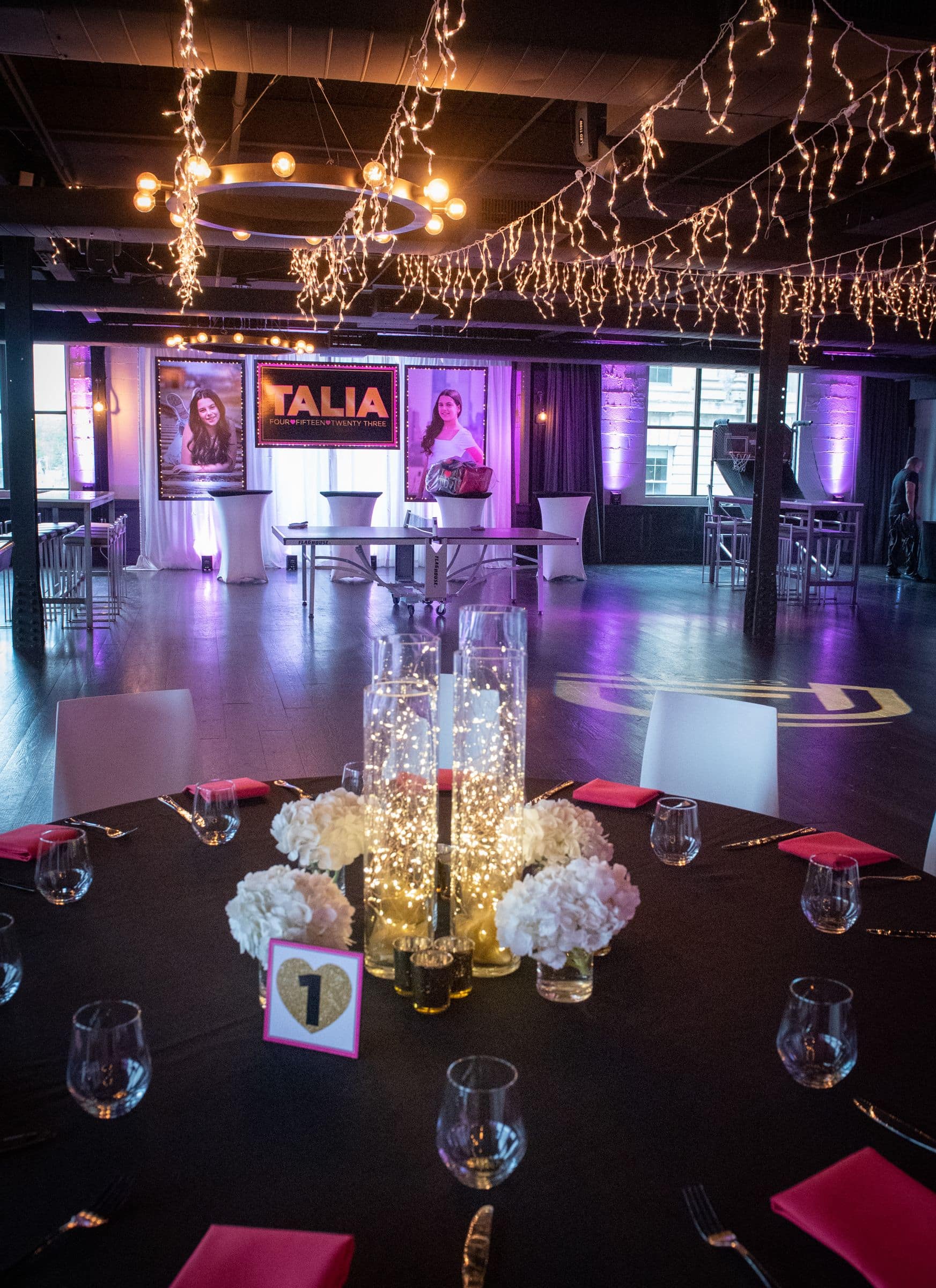 LED Fairy Lights Centerpiece with Hydrangea Accents for Bat Mitzvah at Hudson Loft, Irvington