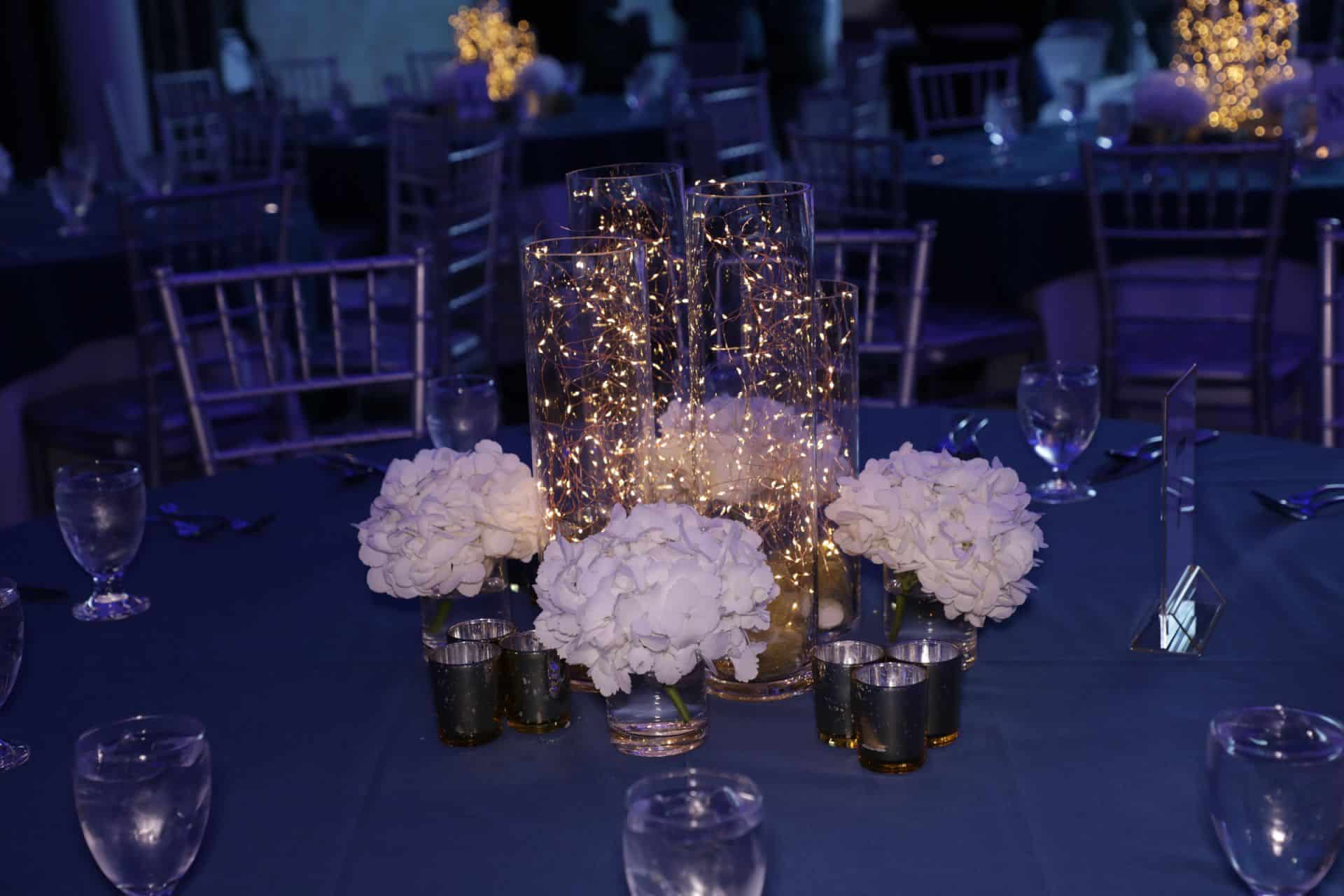 LED Fairy Lights Centerpiece with Hydrangea Accents for Bat Mitzvah at Mulino's at Lake Isle