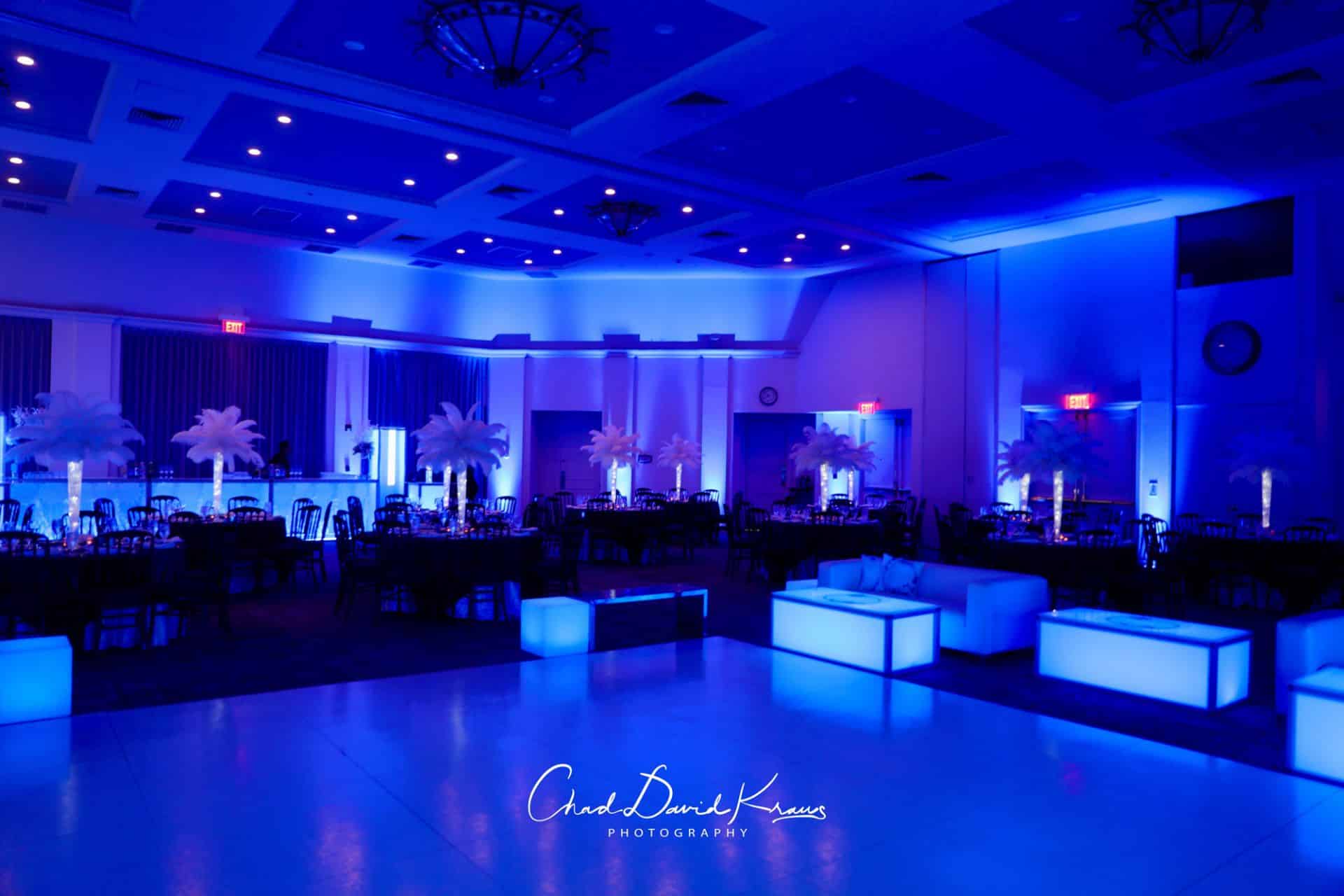 White Feathers Centerpieces on LED Vases with Gems at Tarrytown House Estate