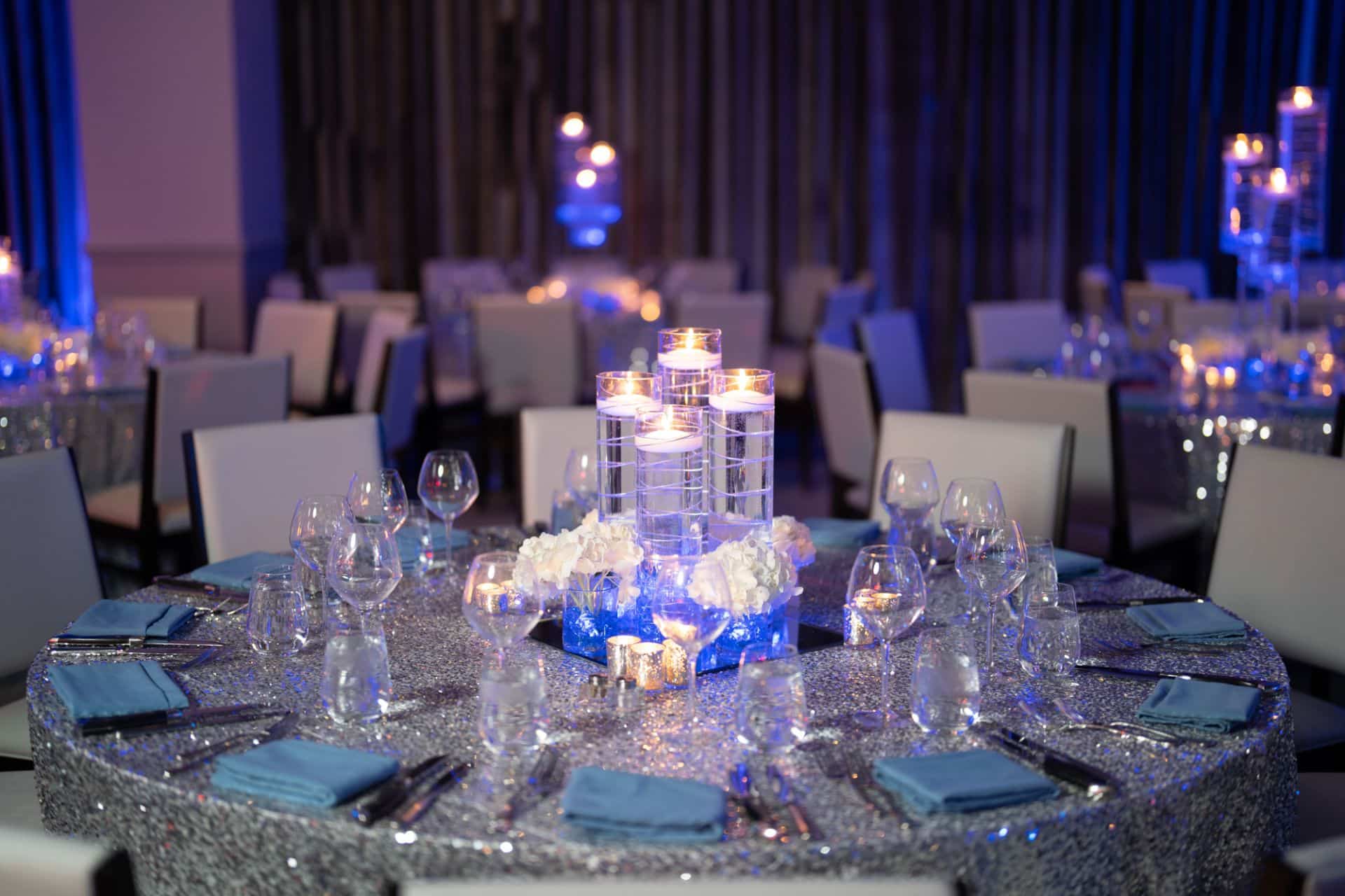 LED Wire Centerpieces with Floating Candles and Hydrangeas at Alpine Country Club