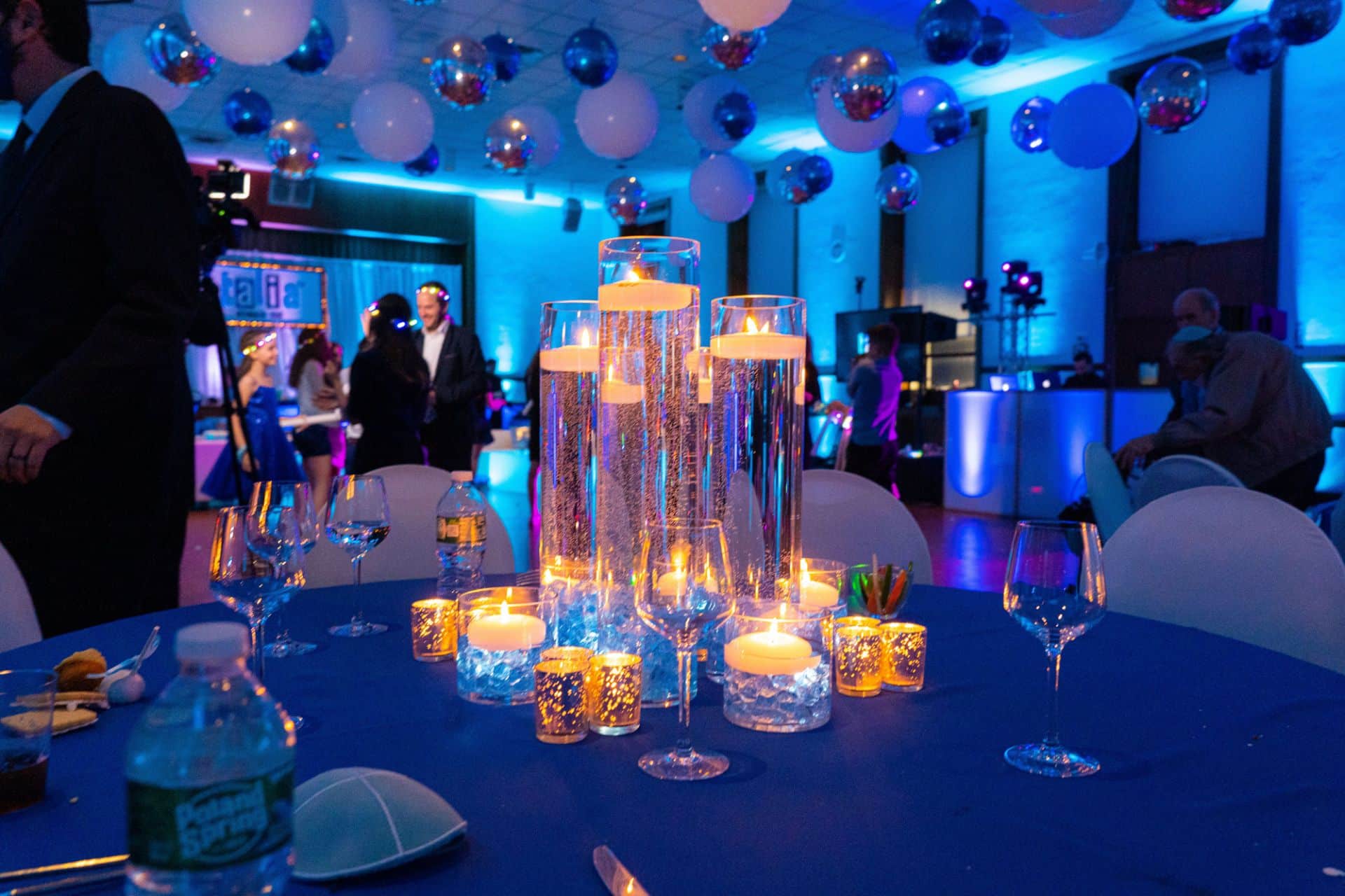 Floating Candles LED Cylinder Centerpiece with Blue chips and Silver Votives