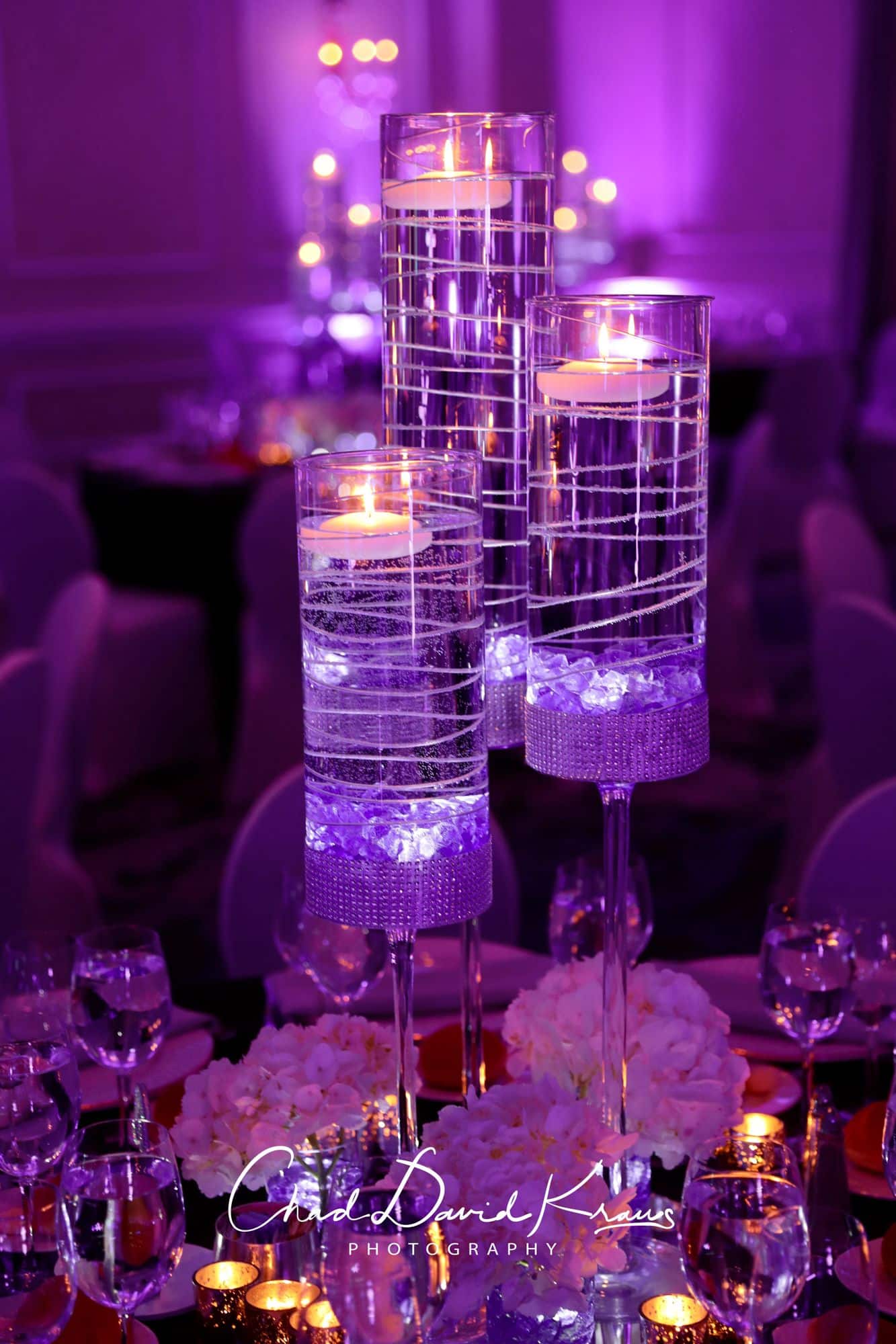 Floral Wire Centerpiece with White Hydrangeas and Floating Candles