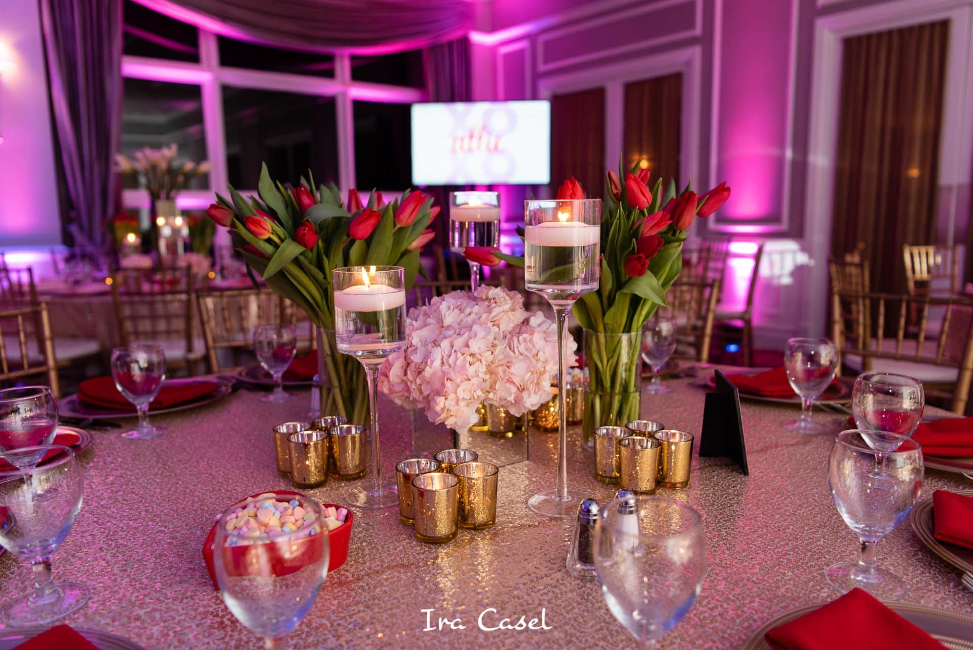 Floral Centerpiece with White Calla Lily, Pink Hydrangeas, Red Tulips and Floating Candles for Valentines Day Themed Bat Mitzvah