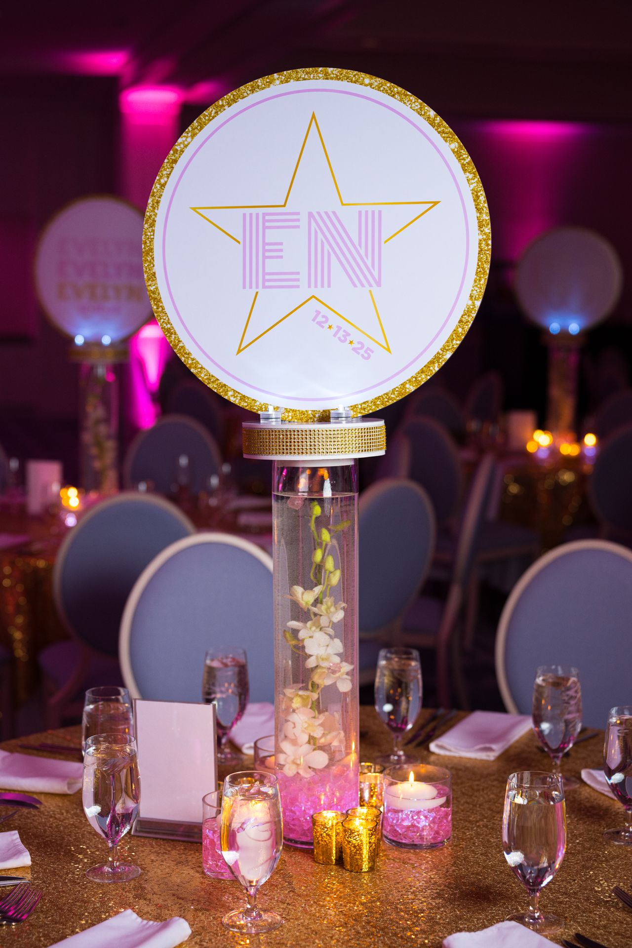 LED Logo Gold and Pink Orchids Centerpiece