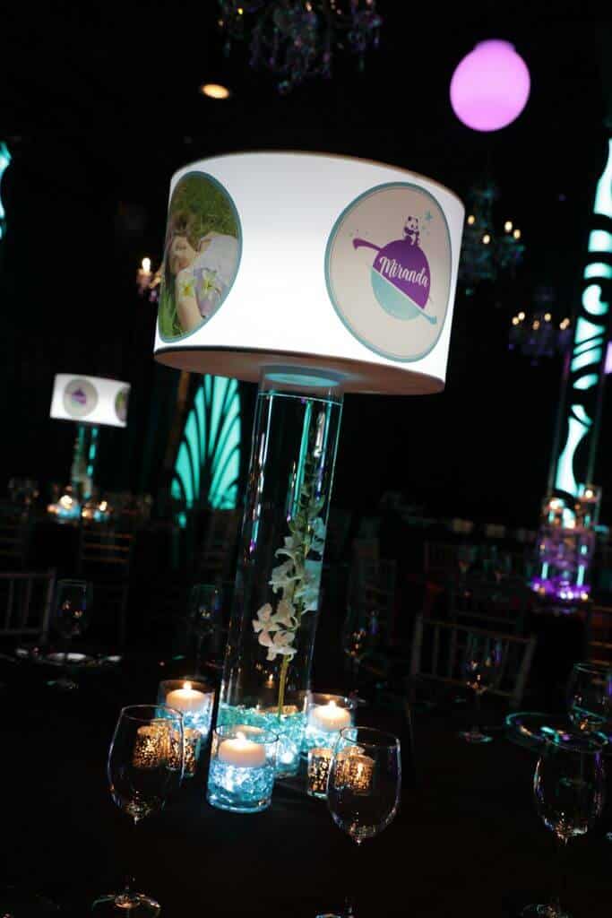 Custom Themed Lampshade Centerpiece with Photos and Logos for Galaxy Themed Bat Mitzvah