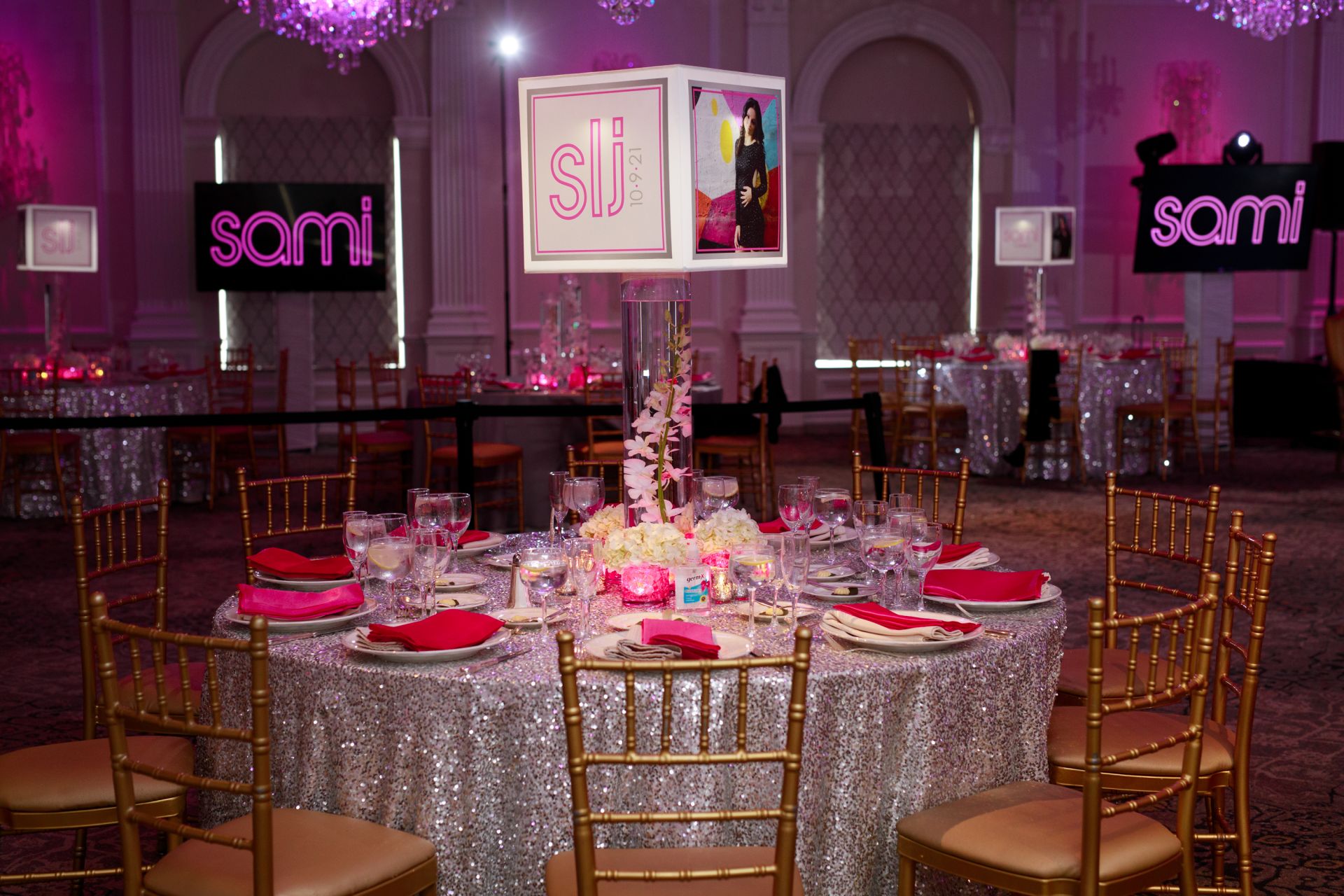 Custom LED Lampshade Centerpiece with Logo and Photo on Cylinder with Orchids and Mini LED Hydrangea Arrangements