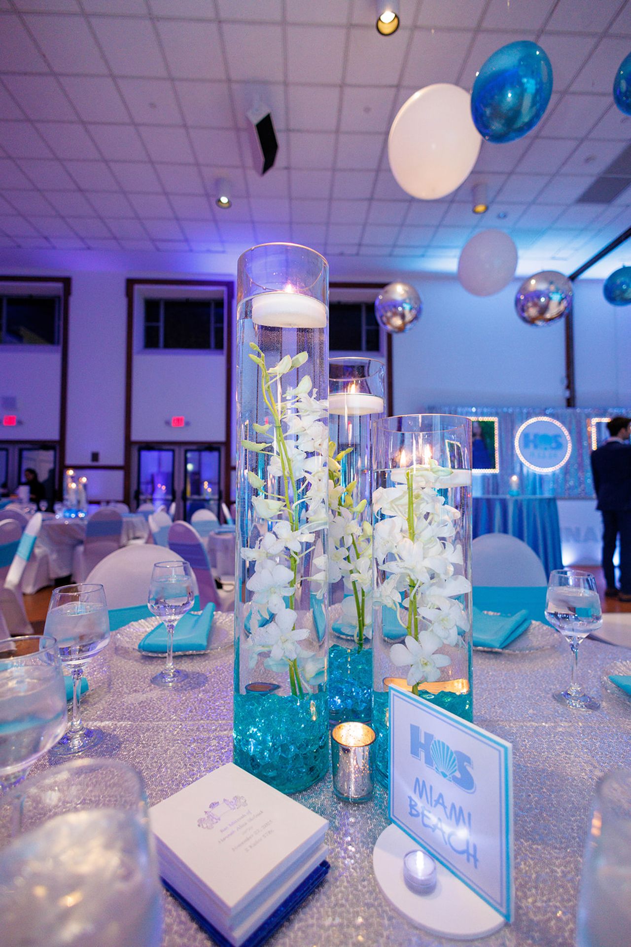 Blue LED Orchid Centerpiece for Bat Mitzvah at Temple Israel Center