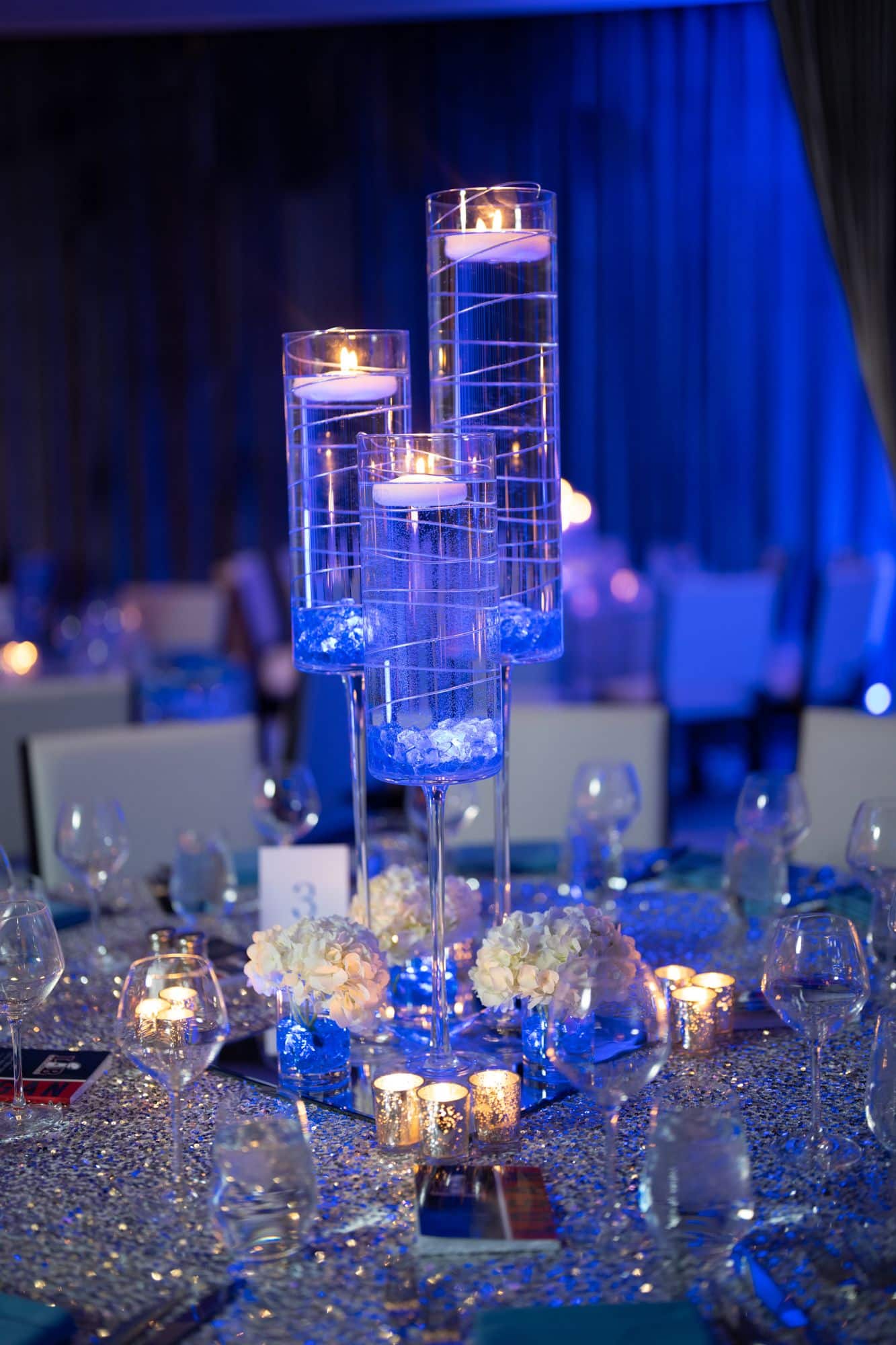 LED Wire Centerpieces with Floating Candles and Hydrangeas at Alpine Country Club