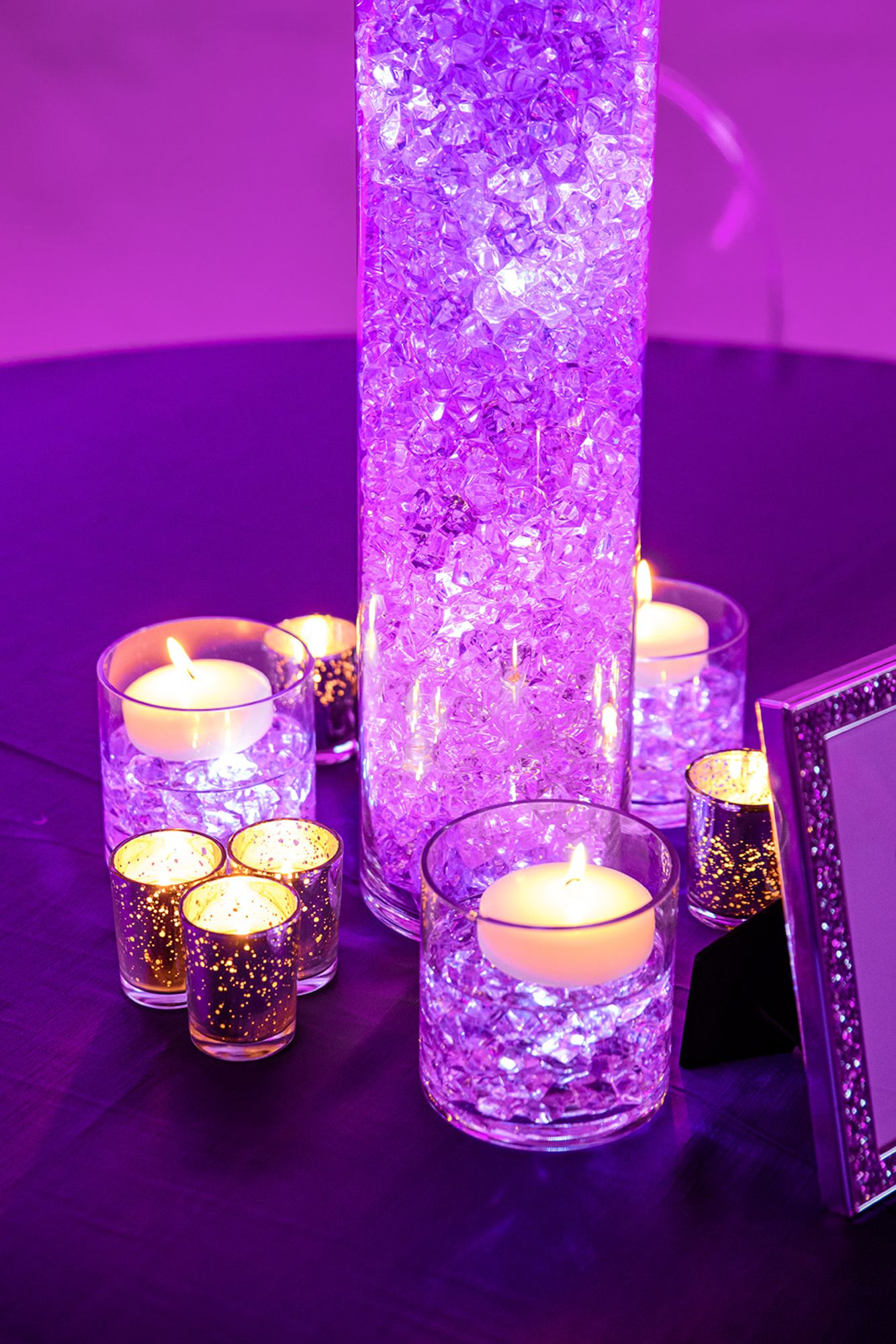 Magnificent LED Lavender Aqua Gems Centerpiece with Votives and Floating Candles