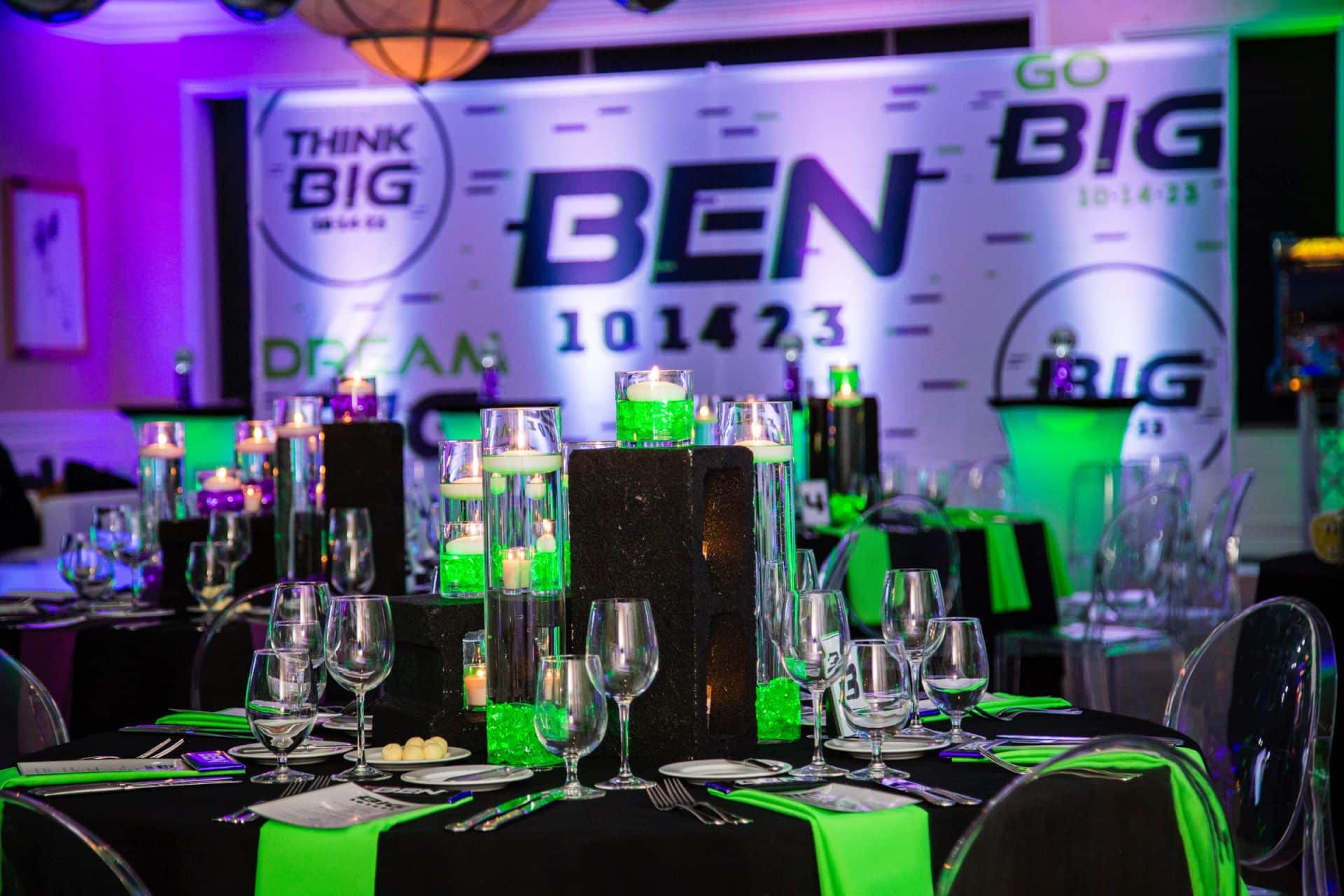 LED Cinder Block Centerpiece with Floating Candles for Neon Themed Bar Mitzvah at Tamarack Country Club